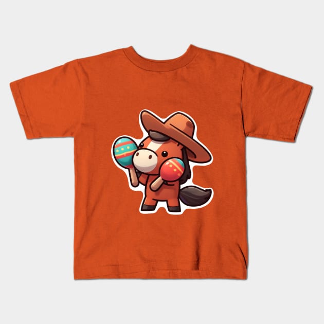 Horse playing maracas Kids T-Shirt by AiArtireland